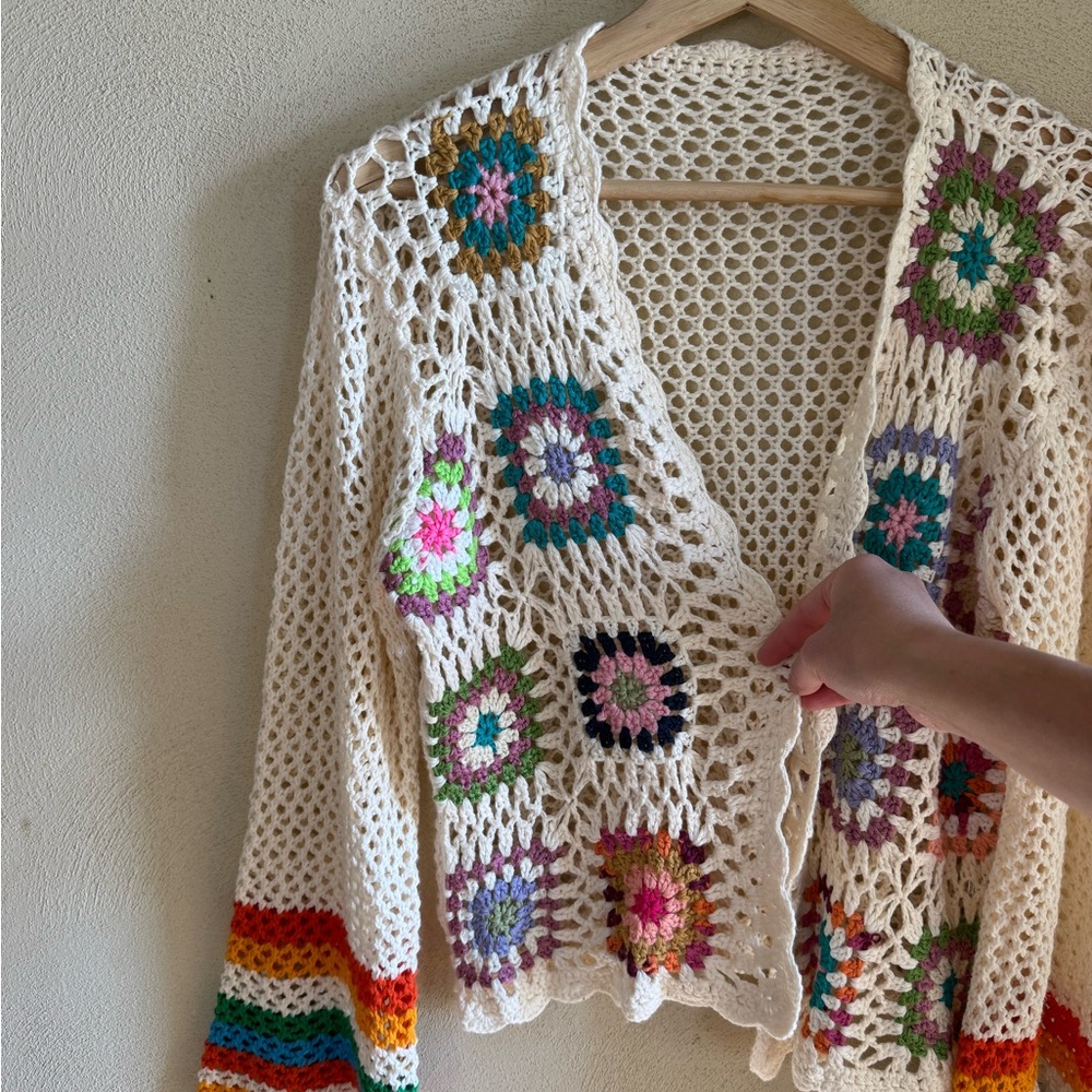 Floral Multi Color Granny Square Crochet Striped Bell Sleeve Cardigan Sweater S - Picture 2 of 10